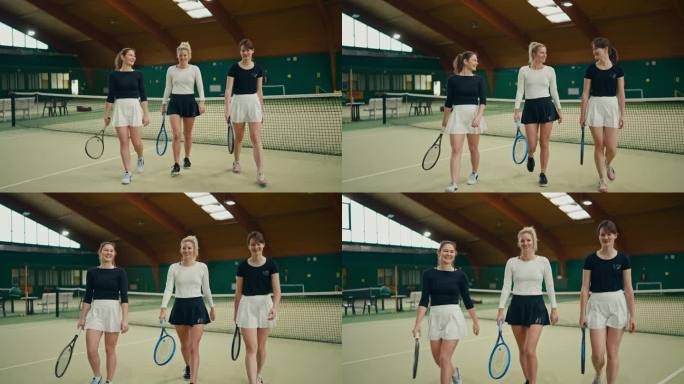 体育俱乐部中微笑的年轻女教练与网球运动员边走边聊