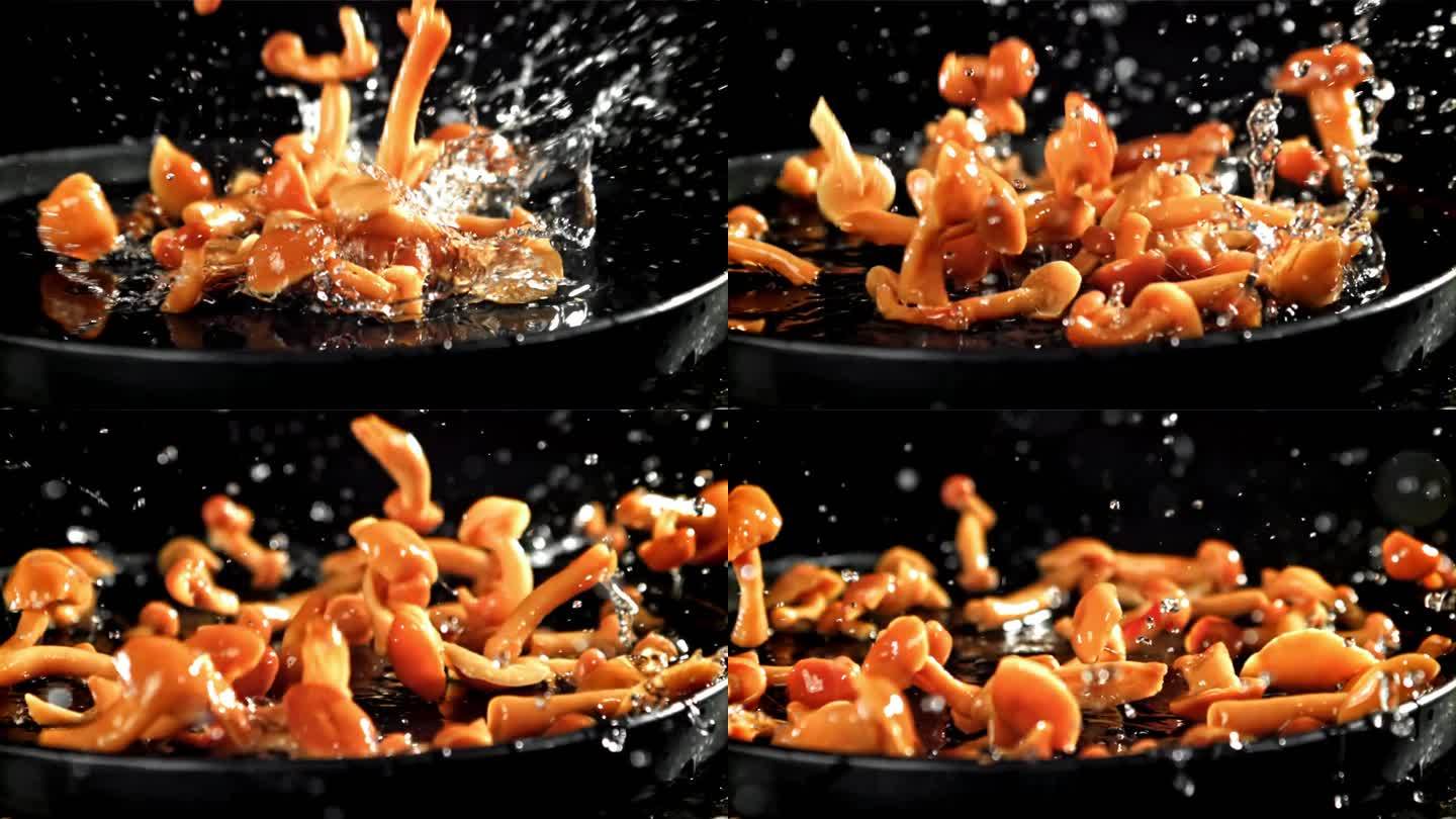 洒上泡过的蘑菇。用高速摄像机拍摄，每秒1000帧。
