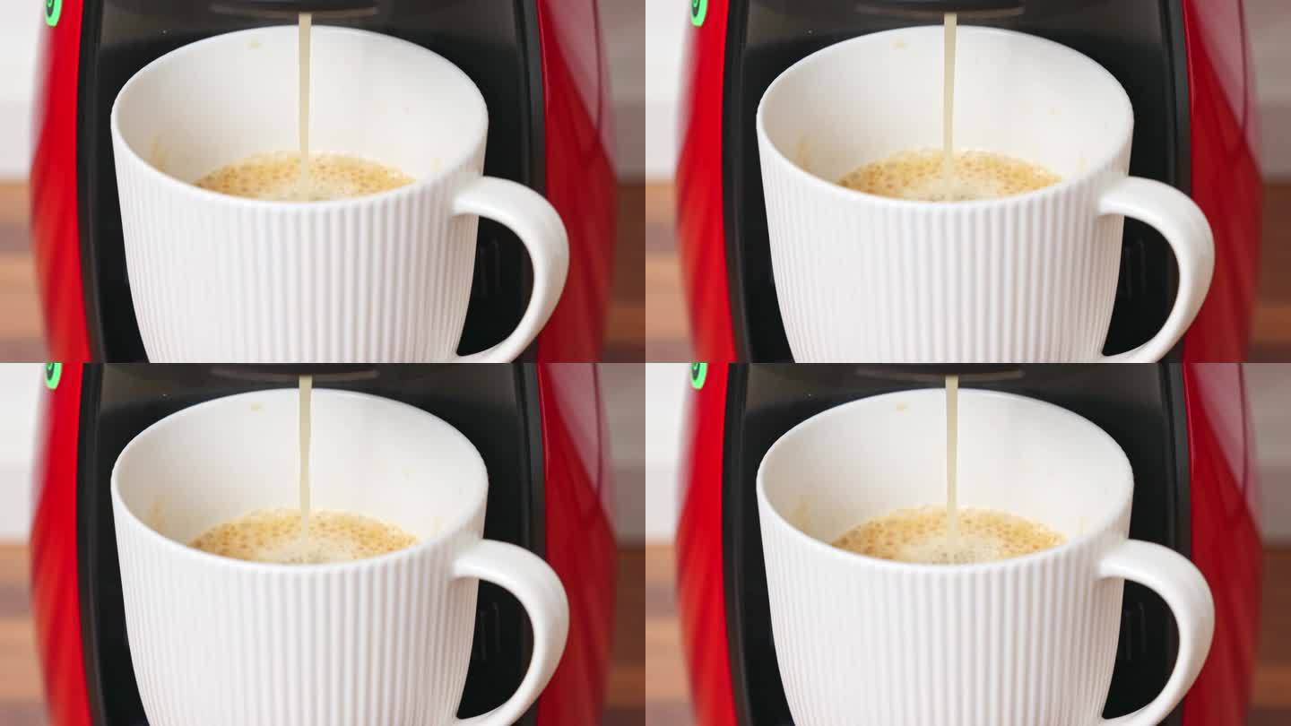 咖啡机将一股浓郁的咖啡流进杯子