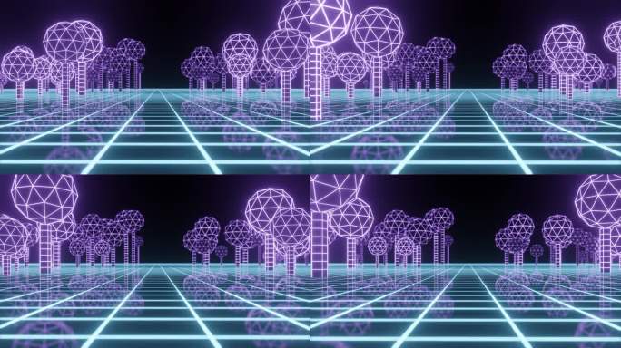 技术线框景观。透视网格与未来的花园。具有几何形状的数字空间。黑色背景上的蓝色网格。3 d渲染。