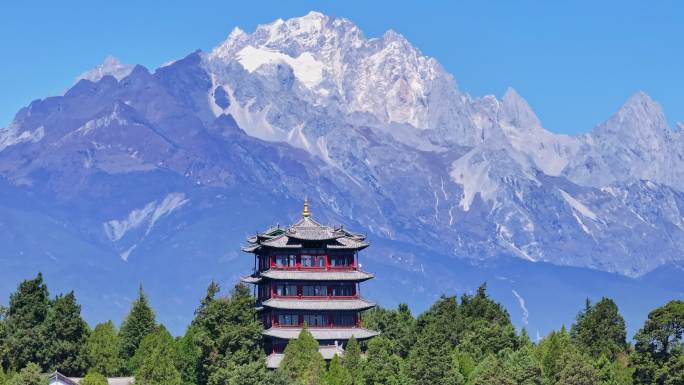 云南丽江古城玉龙雪山万古楼航拍