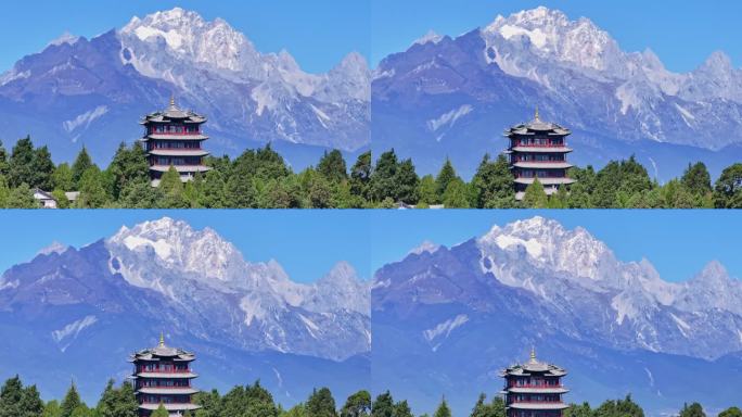 云南丽江古城玉龙雪山万古楼航拍