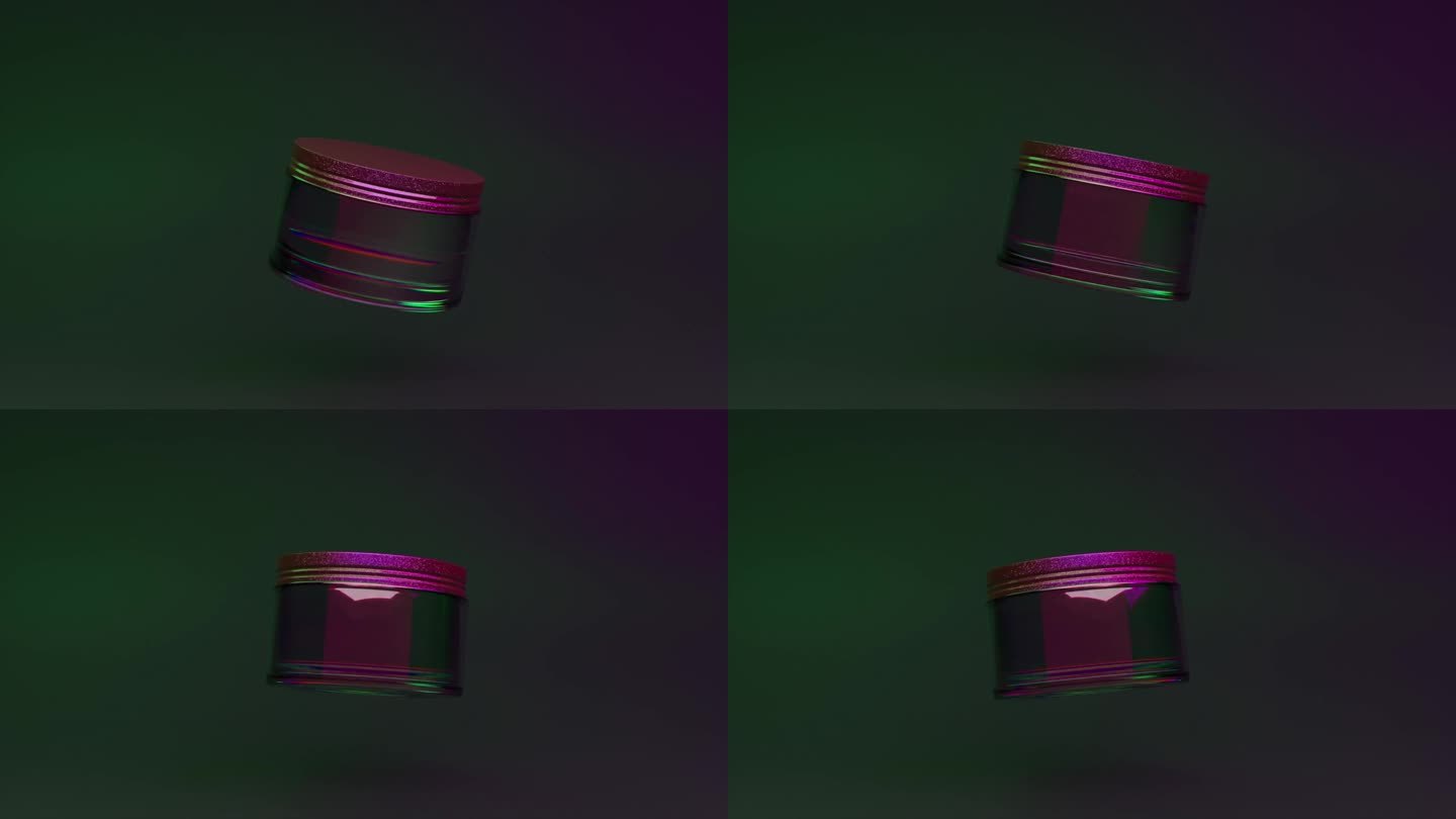 化妆品罐在3D动画全息光泽，漂浮在一个情绪化的绿色和紫色梯度背景
