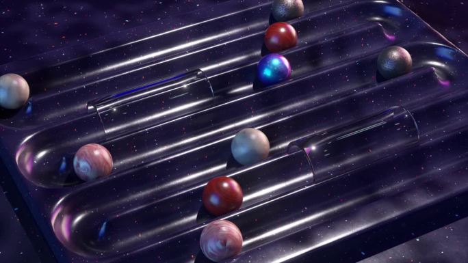 银河3D动画的行星和玻璃球在一个宇宙弹球游戏在一个星光灿烂的紫色领域。