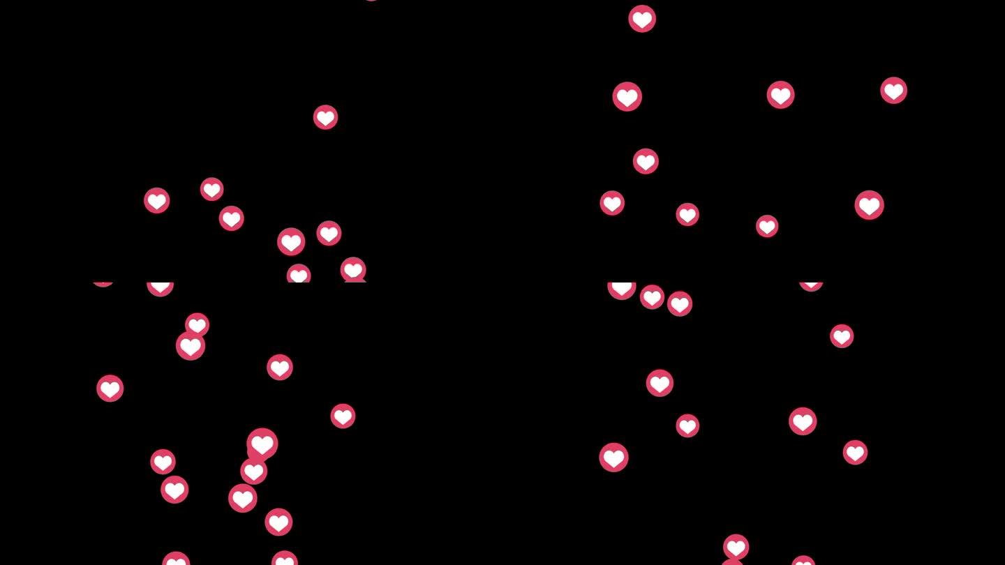 红色圆圈中的红心符号在黑色背景上从下向上浮动。动画覆盖背景的社会网络。像信号。