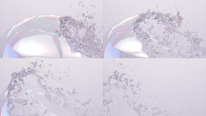 在3D动画中，闪闪发光的肥皂泡破裂，闪烁的碎片舞蹈。慢动作
