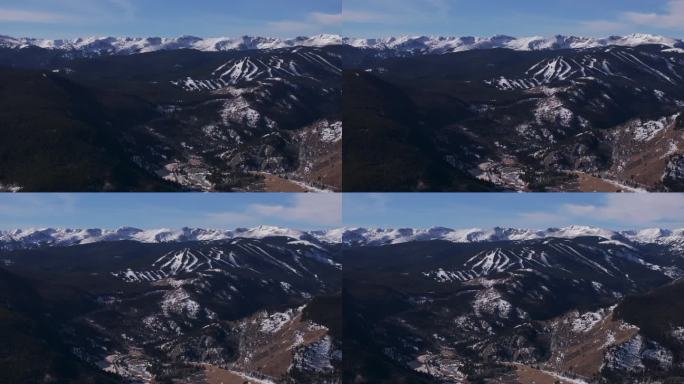埃尔多拉山滑雪道运行印第安山峰伍德沃德伊康山口科罗拉多州空中无人机博尔德平原铁荷兰前山脉冬季蓝天中心