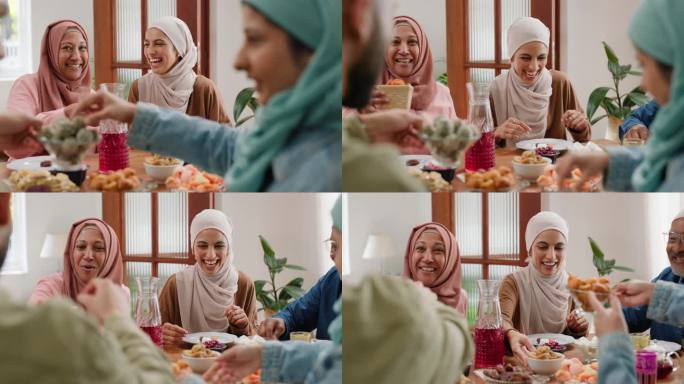 欢笑，穆斯林家庭或在斋月与开斋节分享食物，健康和宗教在家里的桌子。伊斯兰传统，开斋和清真美食一起在公