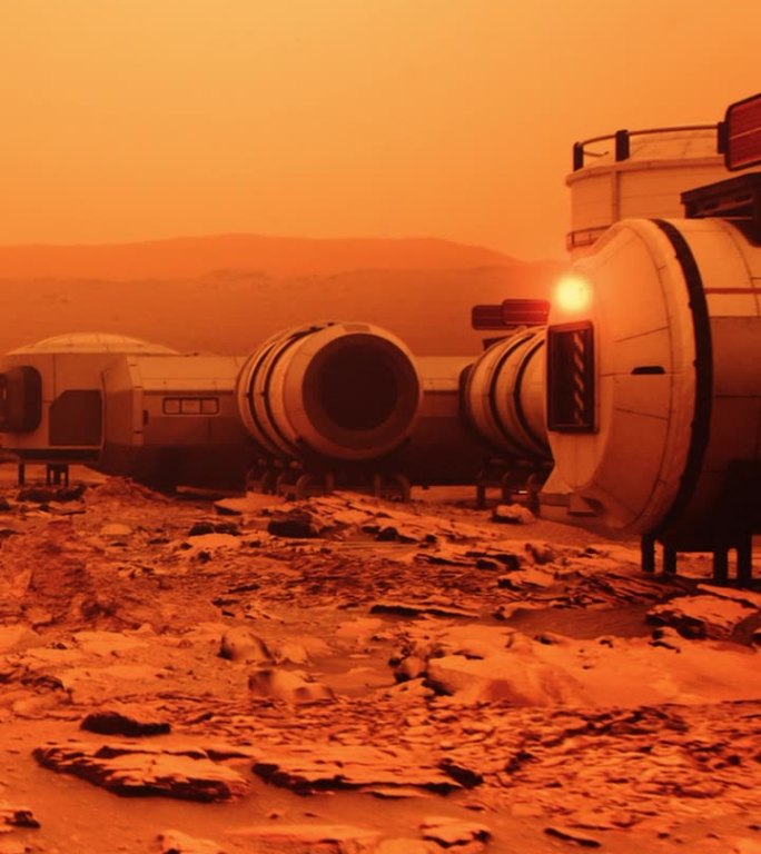 带着昂贵的科学设备参观火星上的未来太空基地前哨。周围是红色的石头和沙子