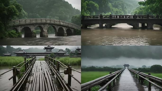 雨中桥梁 木桥 石桥A025