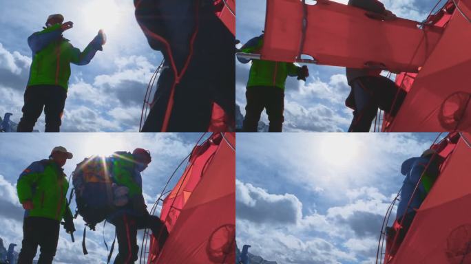 【原创】藏族登山队员在高原户外进行入帐