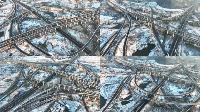 金华华东第一枢纽怀鲁互通高速公路雪景航拍