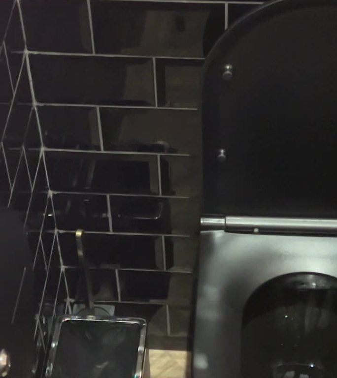 机舱内有现代化的黑色公共厕所，配有干净的卫生间、壁挂式厕纸、垃圾处理器和消毒液。浴室内部的白色陶瓷马