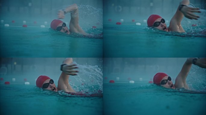 在旅游胜地游泳池游泳时，戴着帽子和护目镜的坚定运动女性的SLO MO跟踪镜头