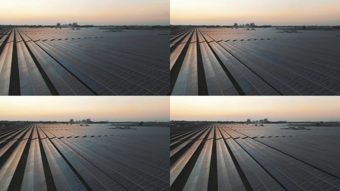 太阳能农场太阳能板上的鸟瞰图反射