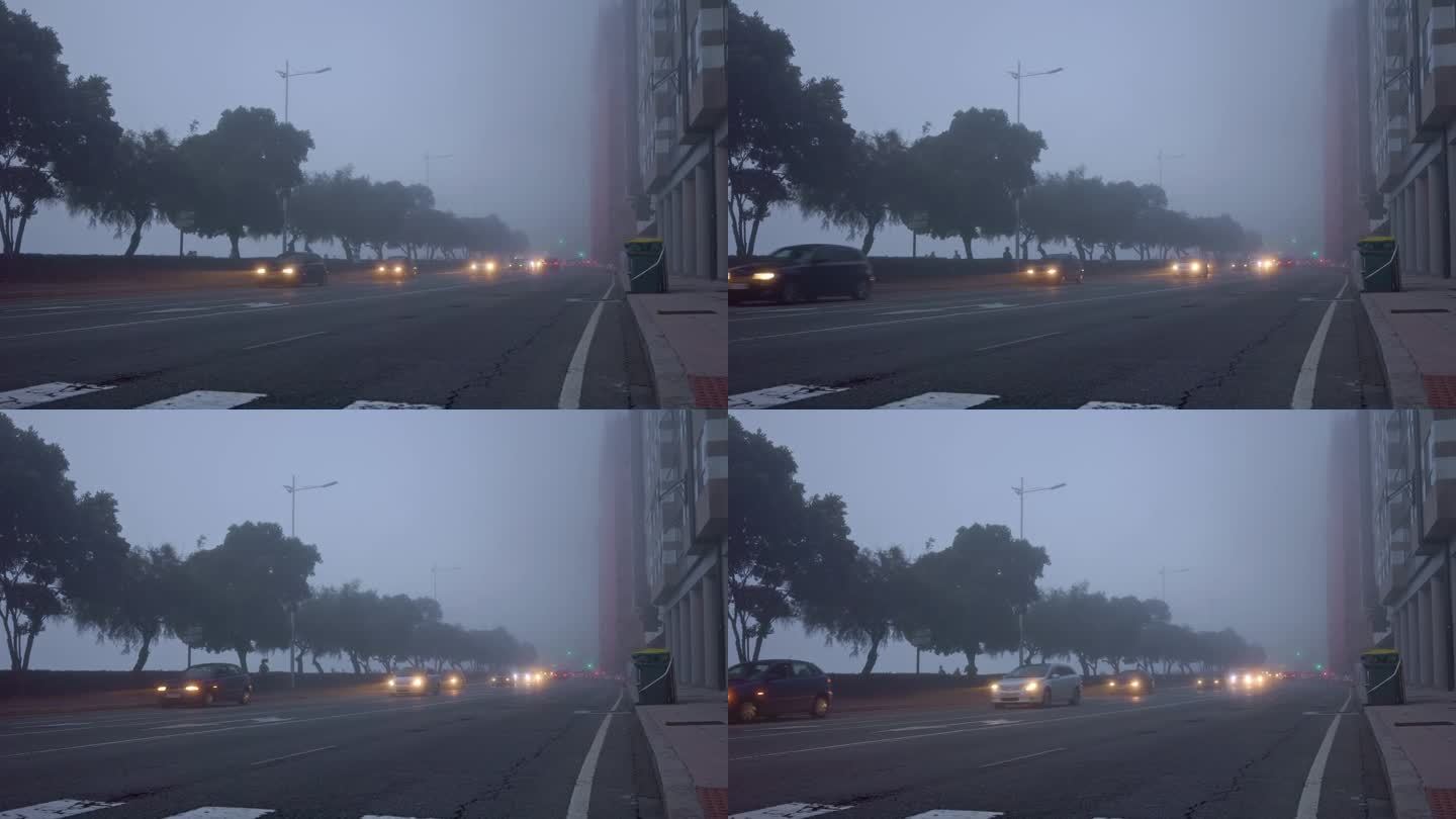 雾蒙蒙的黎明:城市街道在薄雾中苏醒