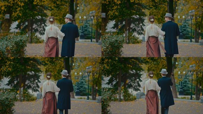 19世纪的生活方式，穿着复古礼服在公园散步的已婚夫妇，后景，4K, Prores
