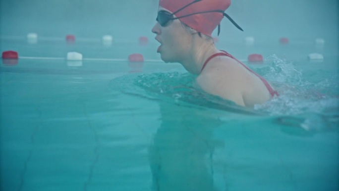 坚定的女子练习蛙泳在雾度假村游泳池的跟踪镜头