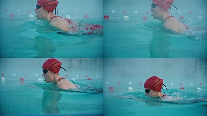 坚定的女子练习蛙泳在雾度假村游泳池的跟踪镜头