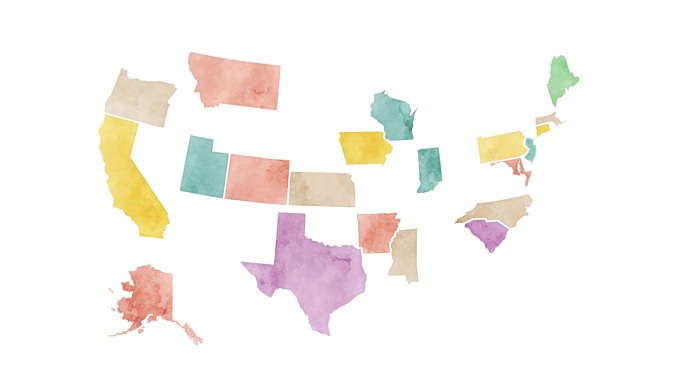 美国的水彩地图，美利坚合众国
