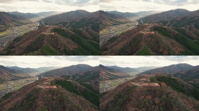 空中日本乡村山村景观绿色夏天兵库县浅ago武田城堡遗址，旅游日本，日光天际线