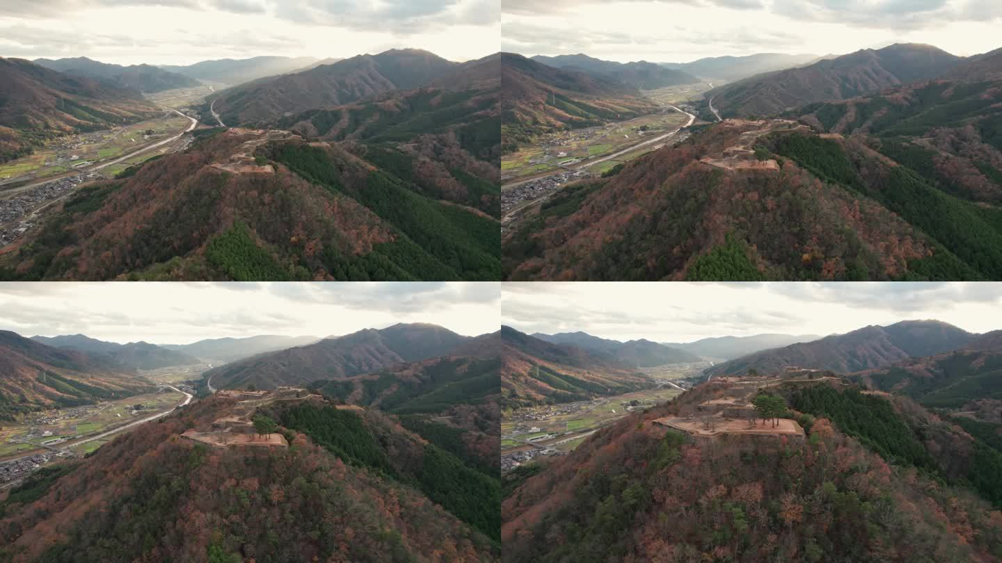 空中日本乡村山村景观绿色夏天兵库县浅ago武田城堡遗址，旅游日本，日光天际线