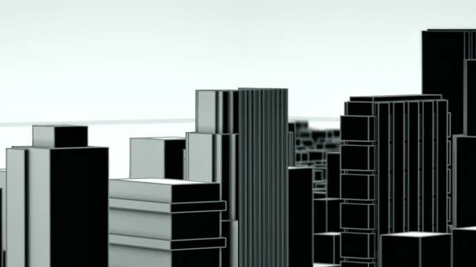 一个未来城市的黑白3D模型。建筑物慢慢地从地上拔地而起。漫画风格