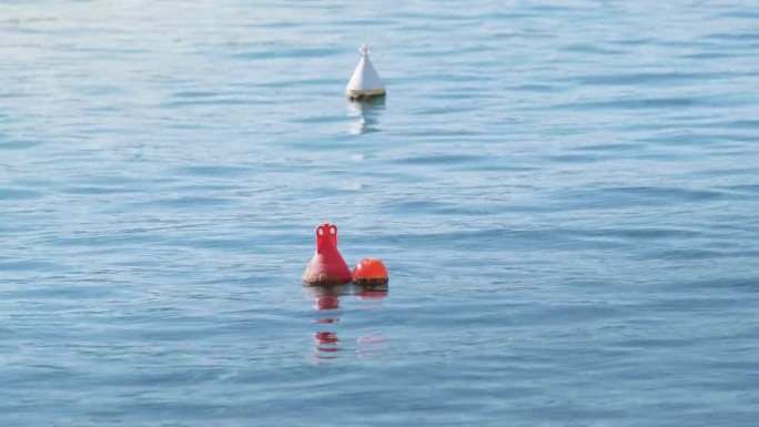 两个塑料浮标在水面上摇摆，标示着海洋地标标志
