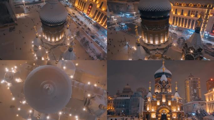 索菲亚教堂4k雪景哈尔滨航拍素材冬季