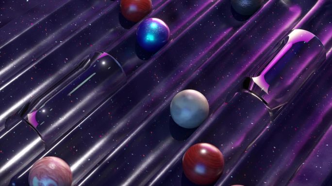 银河3D动画的行星和玻璃球在一个宇宙弹球游戏在一个星光灿烂的紫色领域。