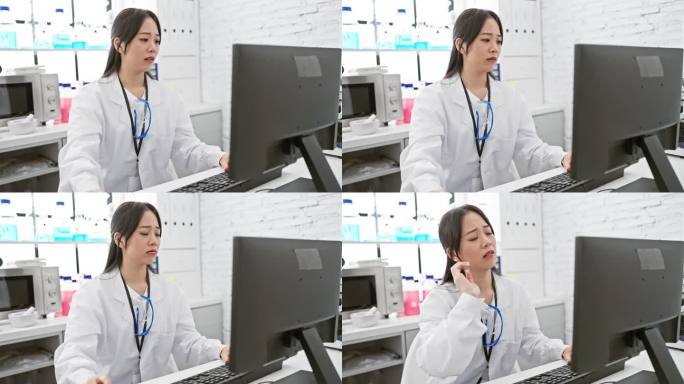 穿着白大褂的中国年轻女科学家，在实验室里摆姿势，累了却开心地做着梦，微笑着享受着宁静的小睡。