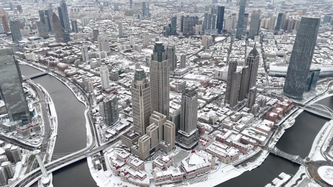 天津津湾广场雪景航拍