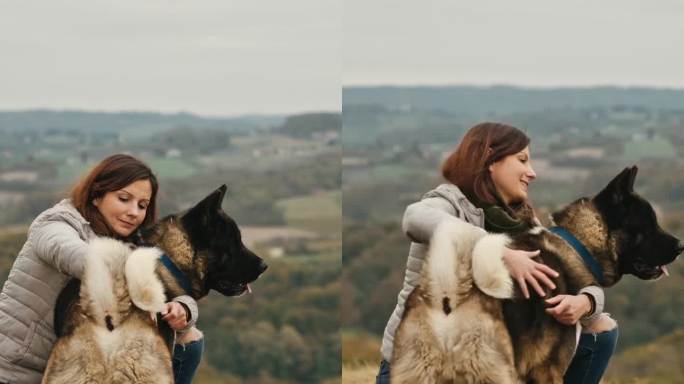 美丽的女人拥抱和抚摸可爱的秋田犬在乡下的草山