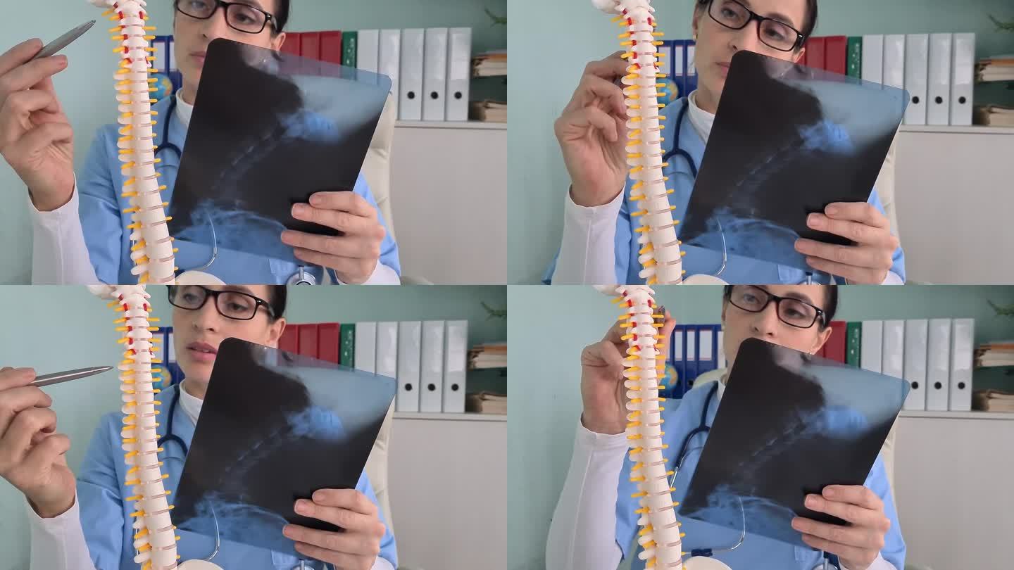外科医生检查脊柱x光片，以对脊柱疾病患者的健康状况进行医学诊断