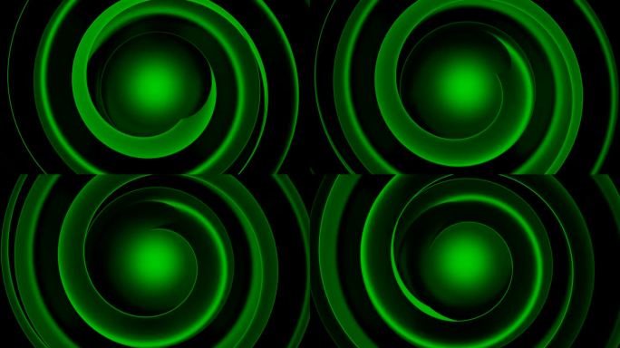 抽象的绿色球形物体周围有波纹。设计。具有催眠效果的旋转彩色背景