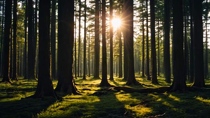 阳光森林树林光影意境密林茂盛植物迷幻