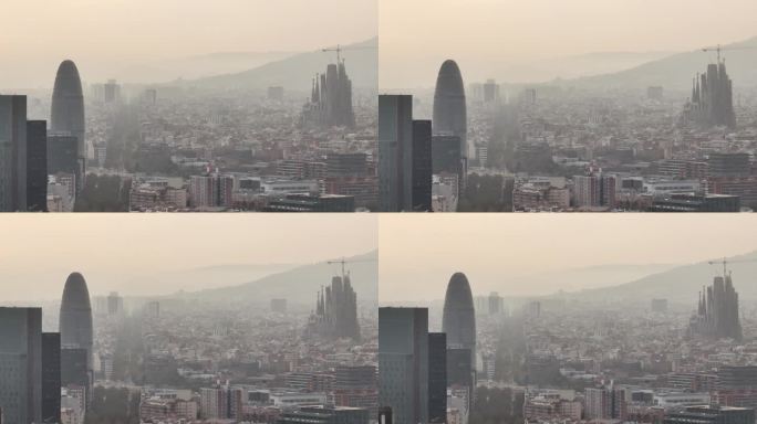 白天烟雾巴塞罗那市最著名的塔和大教堂航拍全景4k西班牙