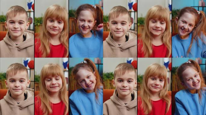 微笑快乐的白人儿童的拼贴画男孩女孩肖像不同性别看着相机