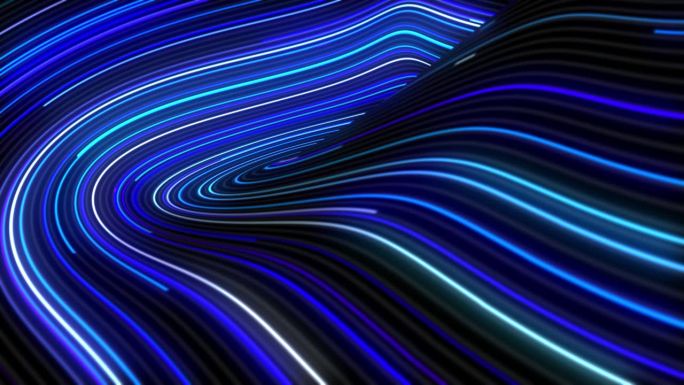抽象的点波线粒子蓝色设计元素在暗，黑色的背景。现代科技，未来流。大数据可视化。数字技术浪潮。未来的多