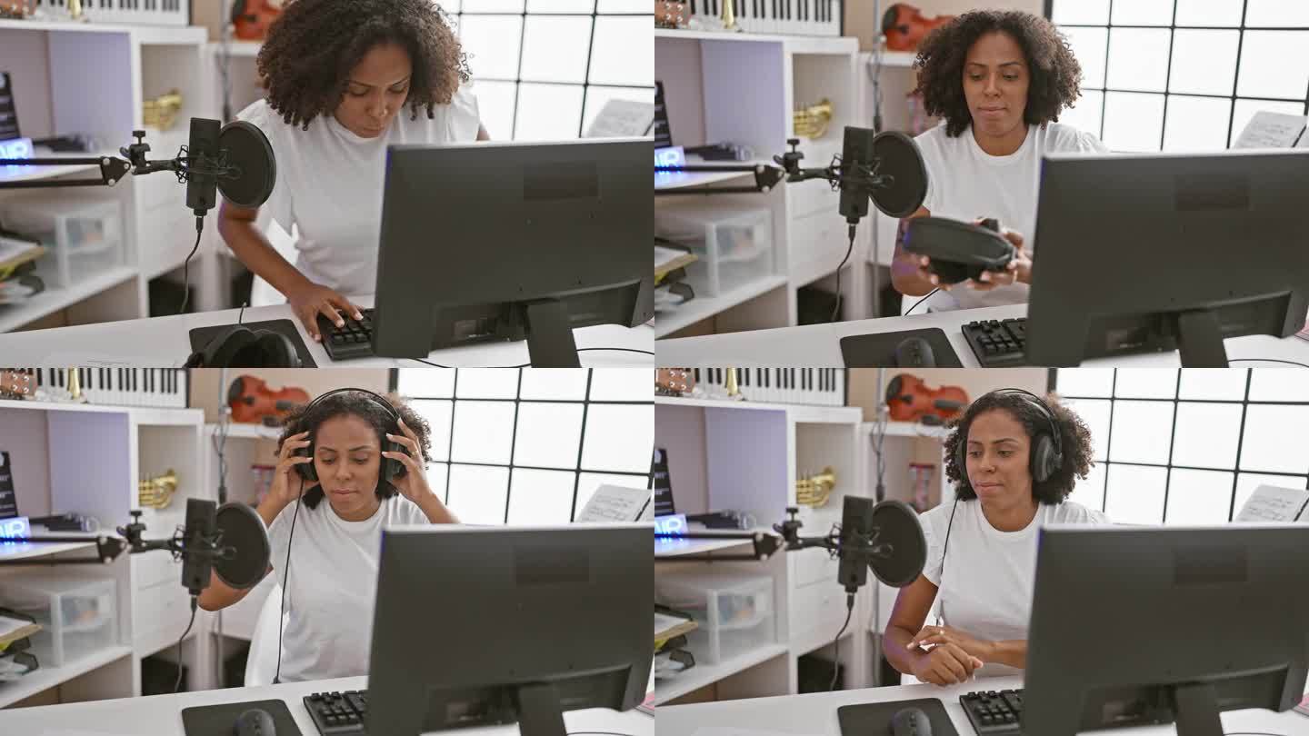 非裔美国女性在录音室录音