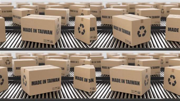 滚筒输送机上印有台湾制造文字的纸板箱。工厂生产线仓库。制造出口或交付概念。3D渲染动画。无缝循环