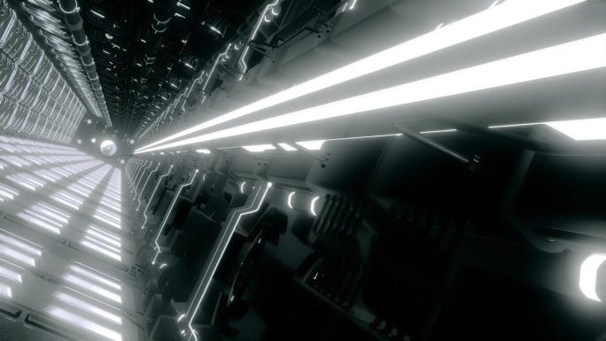 技术隧道与霓虹线和管道。运动。未来的3D空间与发光的线条和技术。飞船隧道的霓虹灯线。塞伯朋克。