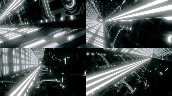 技术隧道与霓虹线和管道。运动。未来的3D空间与发光的线条和技术。飞船隧道的霓虹灯线。塞伯朋克。