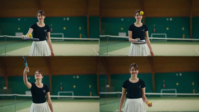 体育俱乐部里微笑的年轻女运动员在拍子上跳网球