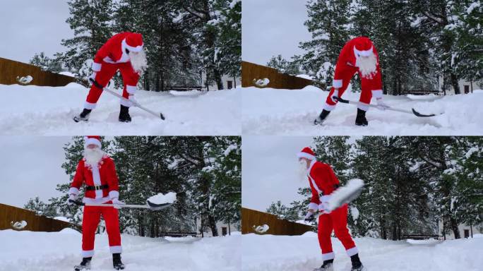 冬天下雪后，圣诞老人在户外用铲子清理积雪。清理村里的街道，为汽车清理通道，圣诞节和新年的恶劣天气