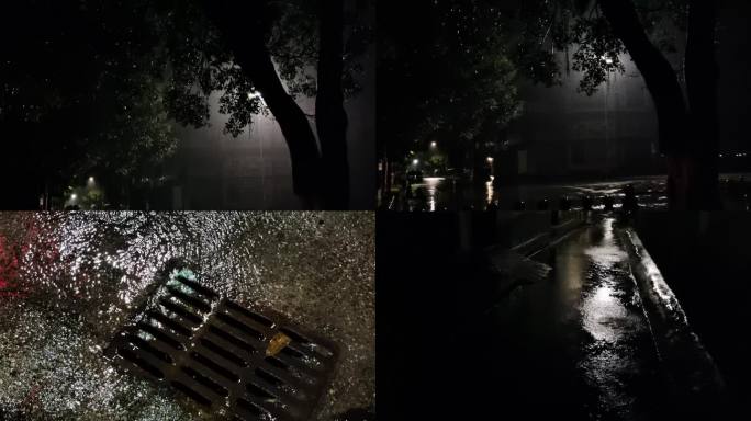 胡同深夜黑夜街灯城市雨巷城市街道树叶雨景