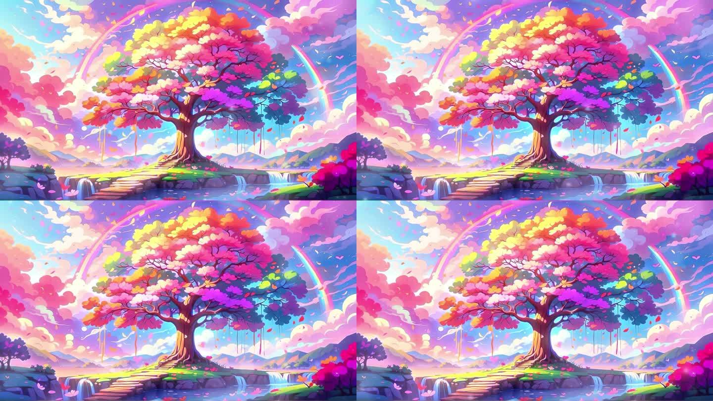 4K卡通动漫手绘彩色彩云童话故事大树背景