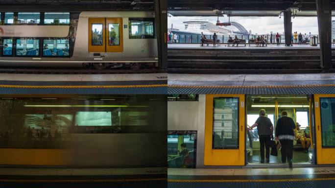 澳大利亚新南威尔士州悉尼市环形码头火车站站台上拥挤的乘客和游客，悉尼海港大桥，旅游目的地和旅游局的4