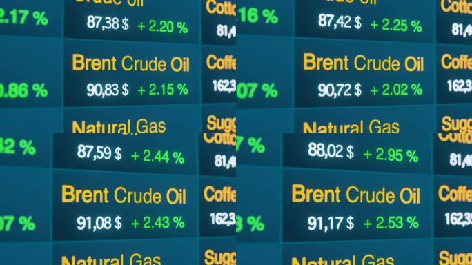 大宗商品交易屏幕上，布伦特原油价格上涨。