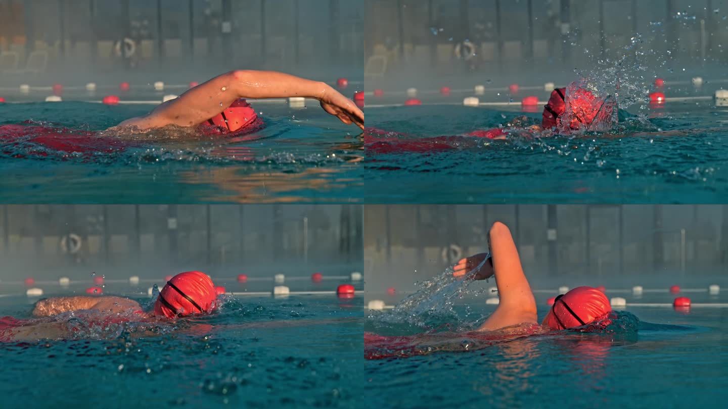 超级慢动作多莉拍摄的决心运动的女人戴着红帽子，而在游泳池游泳的度假村